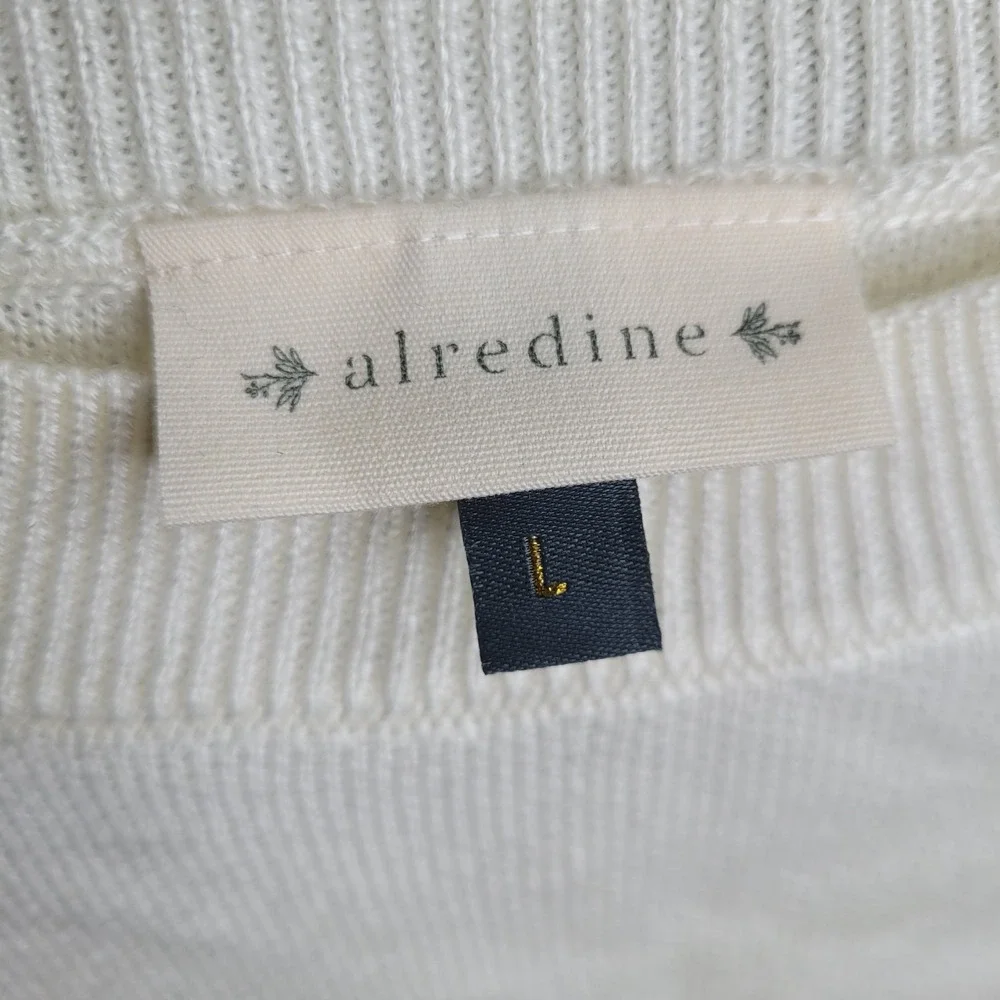 alredine Ivory Beige‎ Gray Knit Pullover Sweater Colorblock Striped Crew L Women